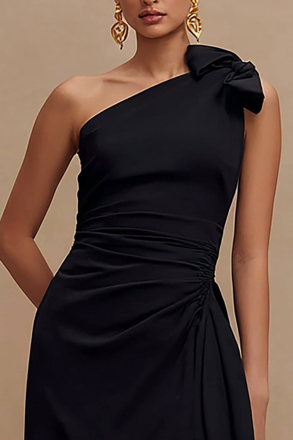Black One Shoulder Sheath Ruffled Long Formal Dress with Slit