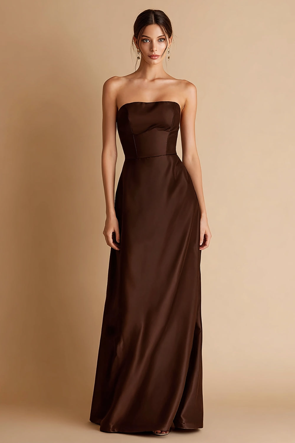 Coffee Straight Sheath Long Satin Formal Dress