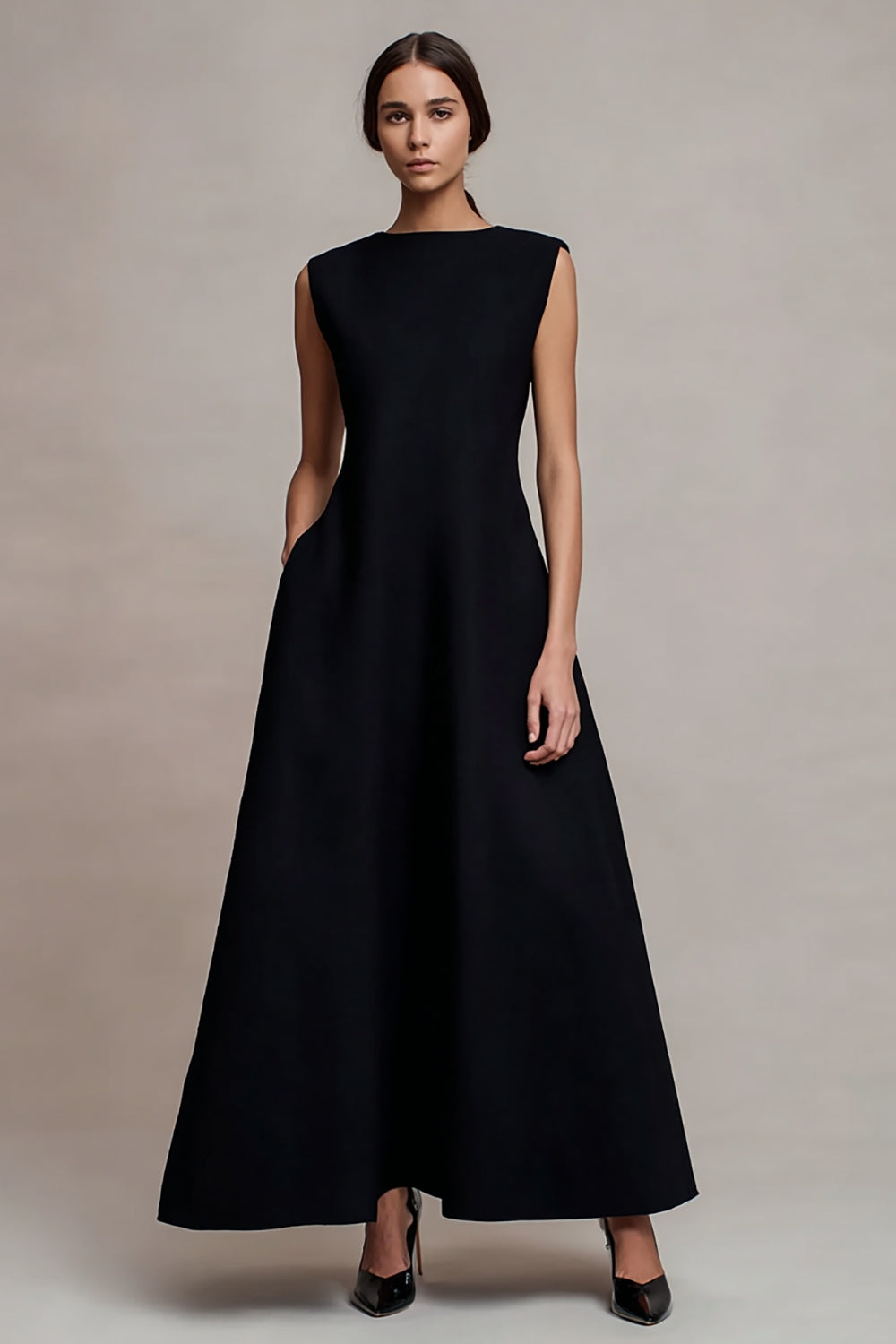 Black Satin Bateau Neck A-Line Long Formal Dress