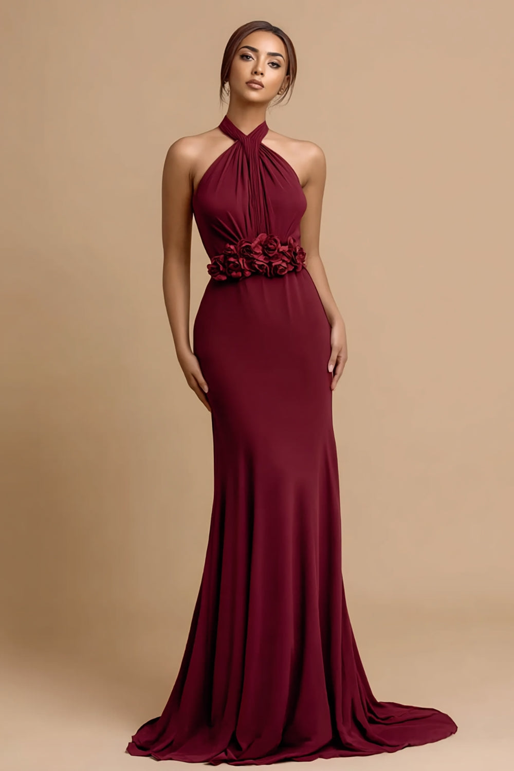 Burgundy Satin Halter Long Mermaid Formal Dress with 3D Flowers