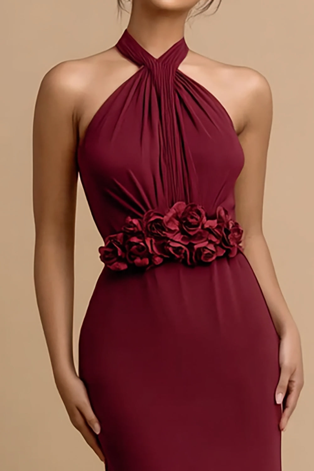 Burgundy Satin Halter Long Mermaid Formal Dress with 3D Flowers