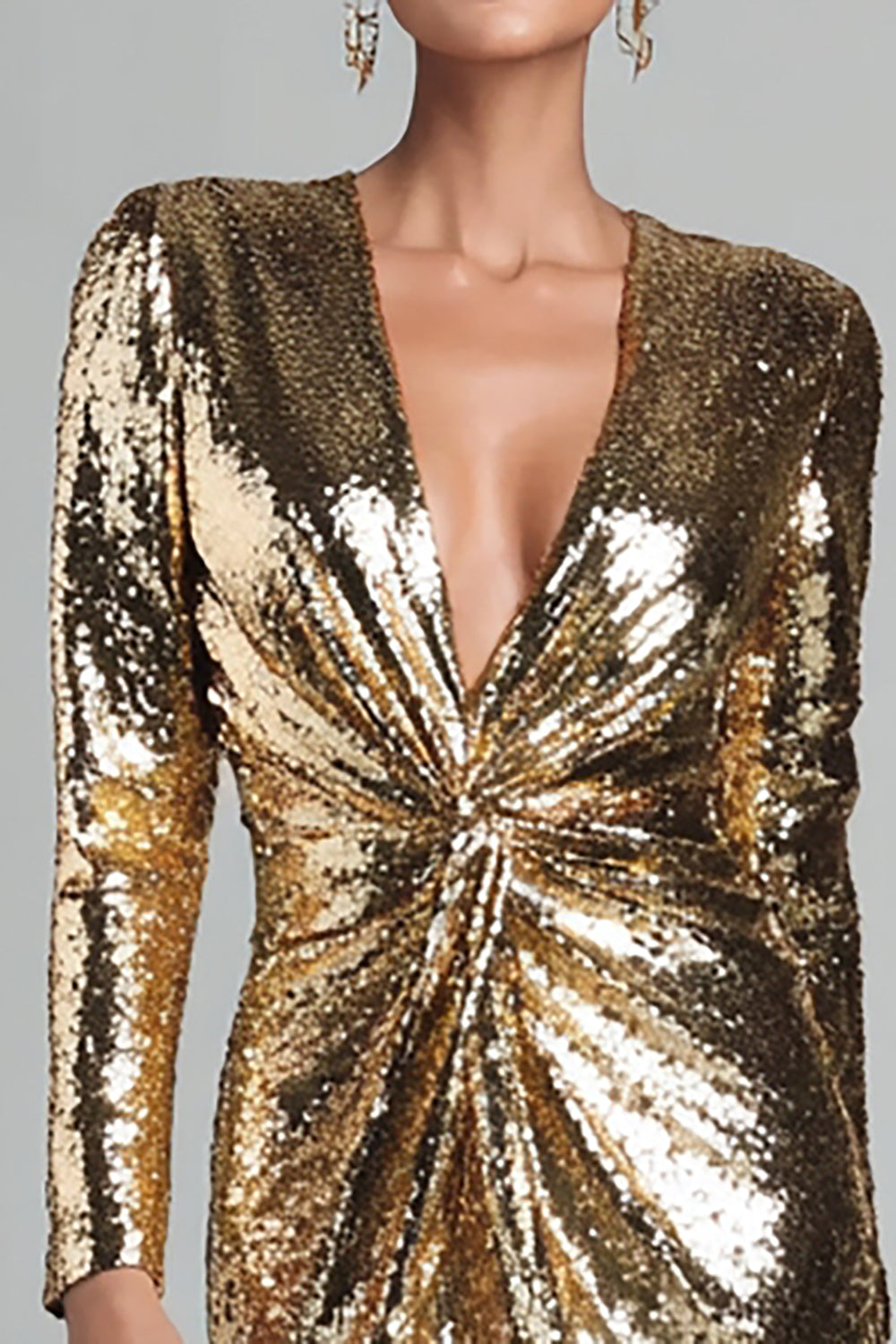 Sparkly Gold V-Neck Ruched Short Sequin Cocktail Dress with Sleeves