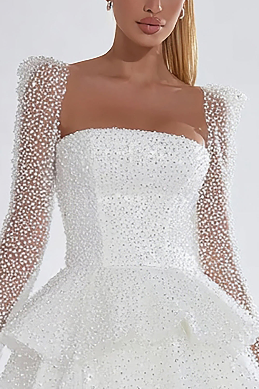 Sparkly White Sequin Corset Long Sleeves Cocktail Dress with Ruffles