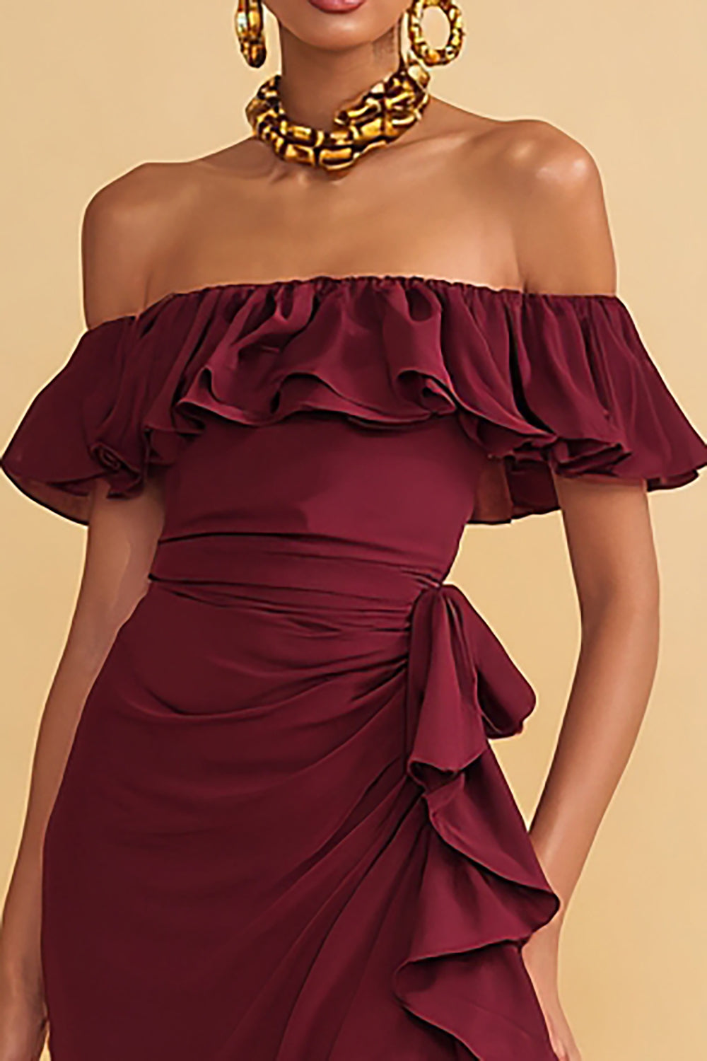 Burgundy Sheath Off the Shoulder Ruffled Long Formal Dress with Slit