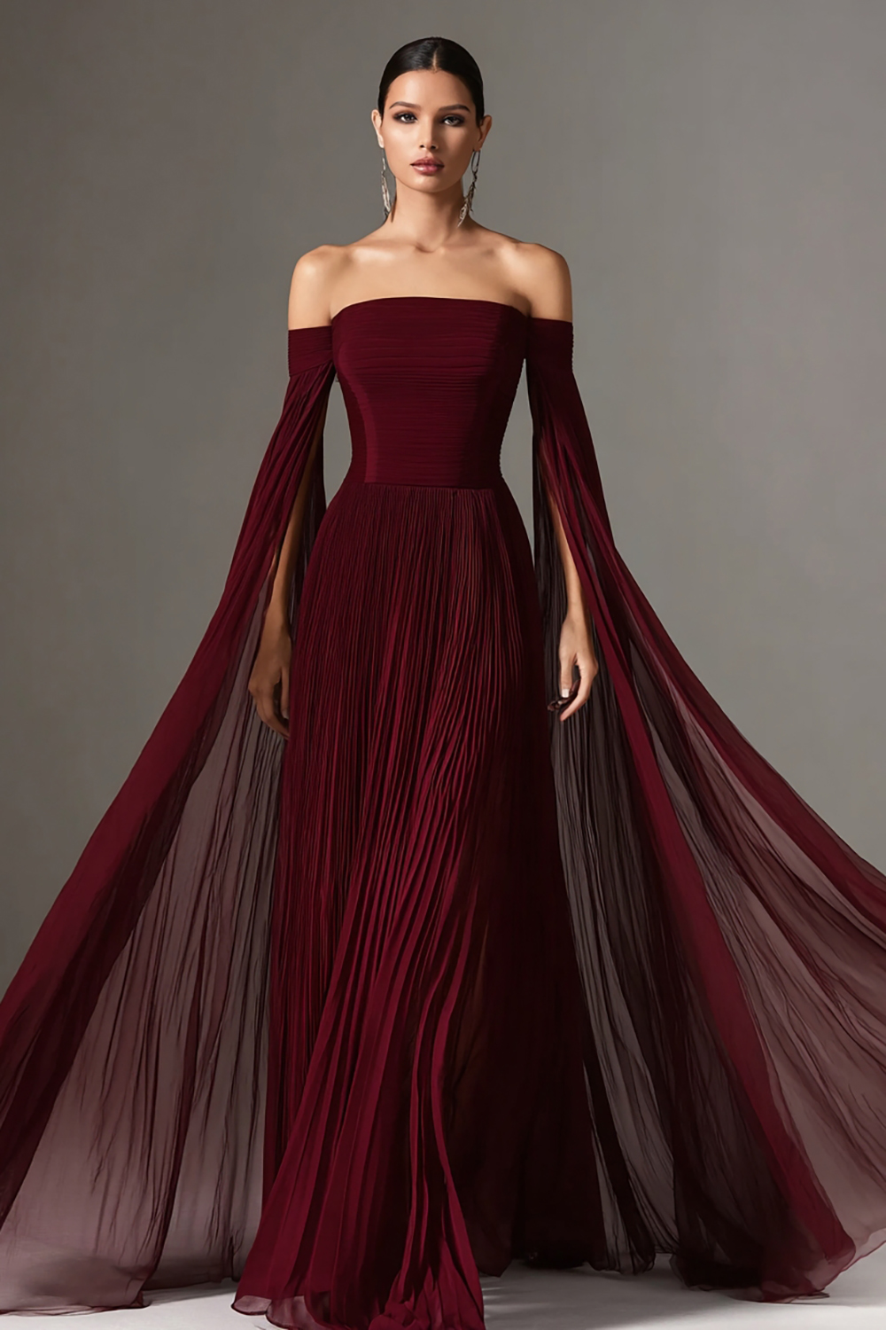 Flowy Burgundy Off the Shoulder Pleated Long Formal Dress with Cape