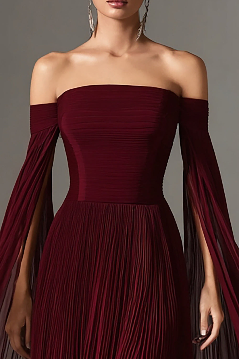 Flowy Burgundy Off the Shoulder Pleated Long Formal Dress with Cape