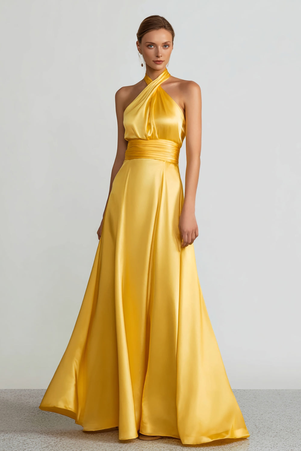 Yellow Halter A-Line Long Satin Formal Dress