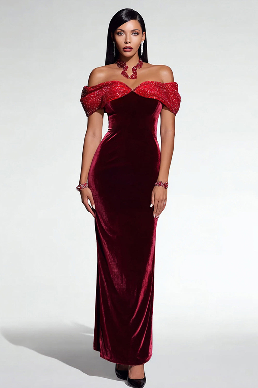 Sparkly Burgundy Velvet Beaded Mermaid Long Holiday Party Dress