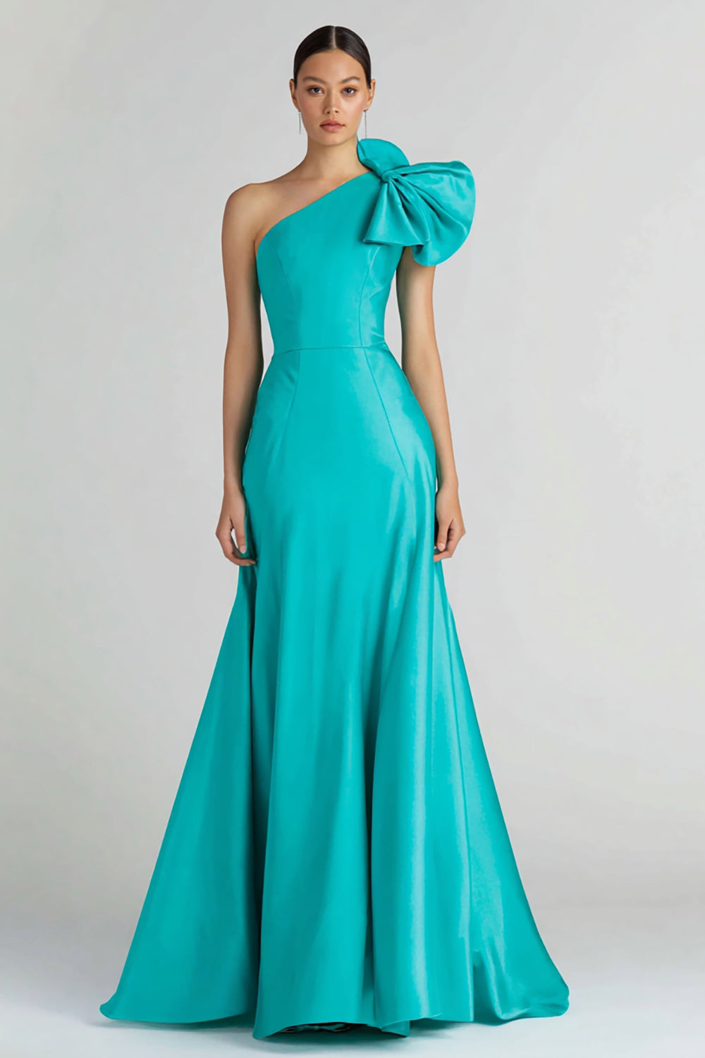 Jade One Shoulder Mermaid Long Satin Formal Dress with Bow