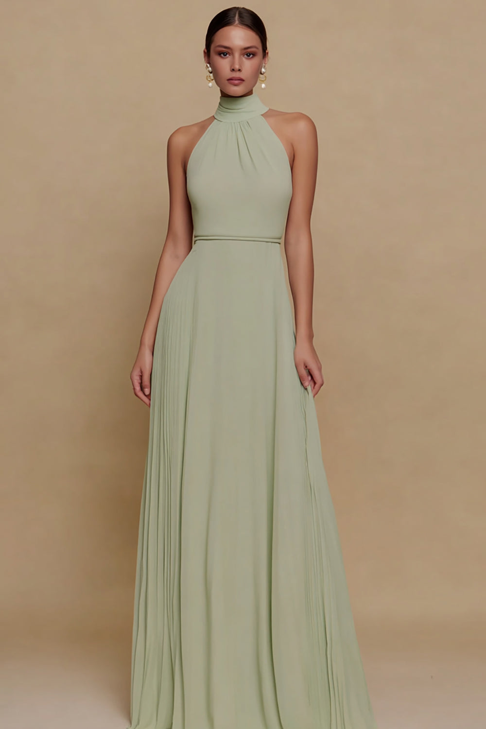 Dusty Sage High Neck A Line Long Chiffon Formal Dress