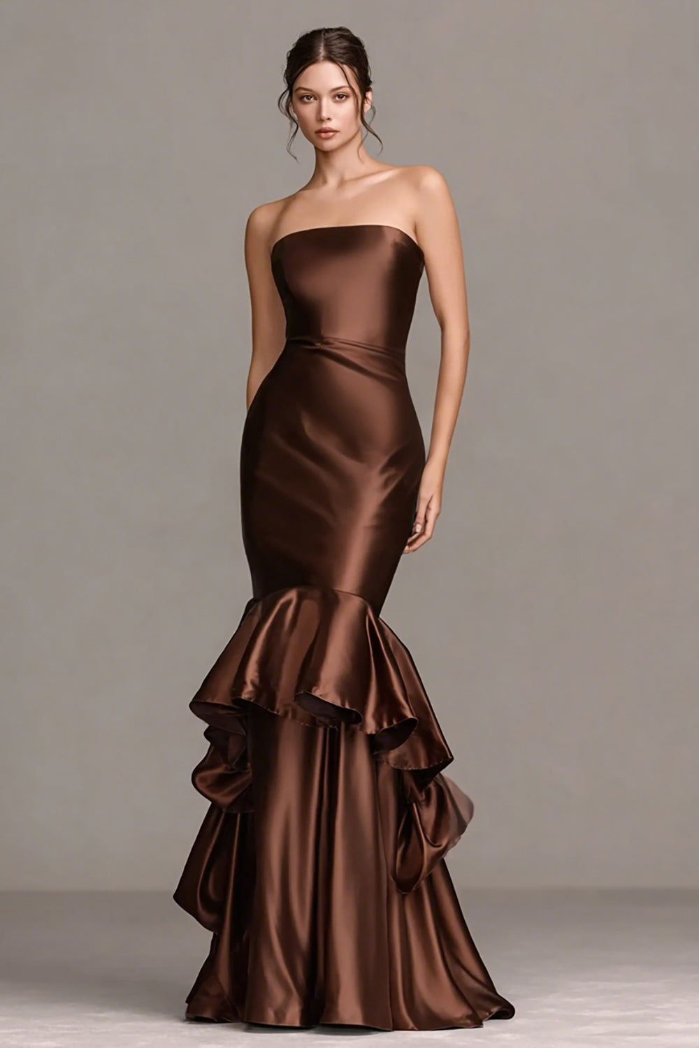 Elegant Coffee Strapless Mermaid Tiered Long Satin Formal Dress with Ruffles