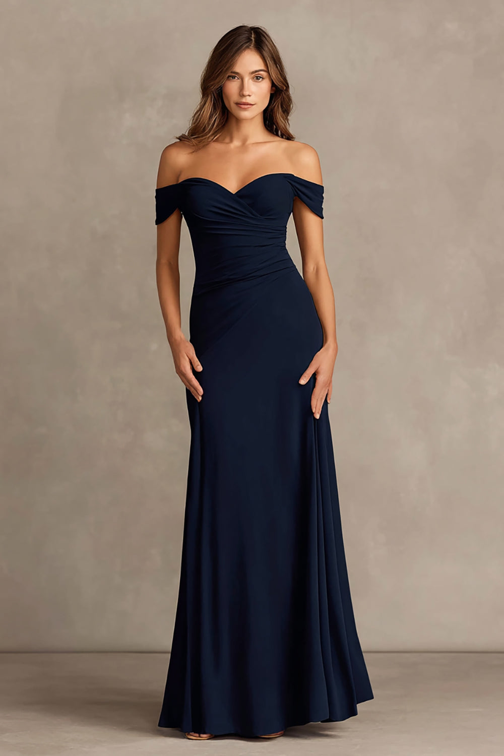 Elegant Navy Sheath Off the Shoulder Long Satin Formal Dress