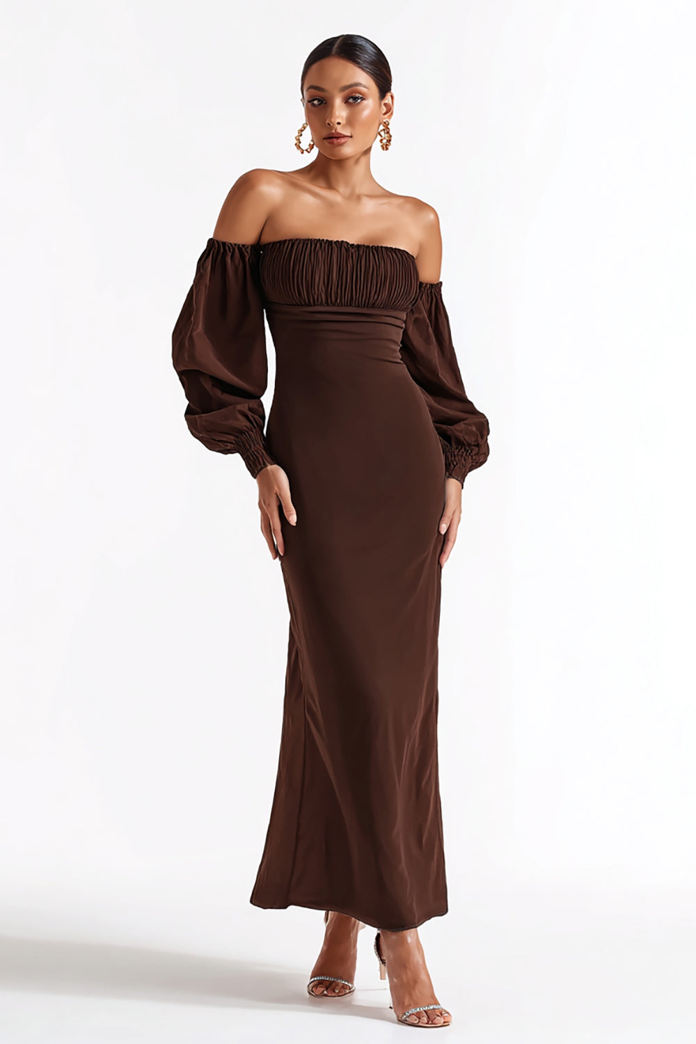 Elegant Coffee Strapless Mermaid Long Satin Formal Dress with Sleeves