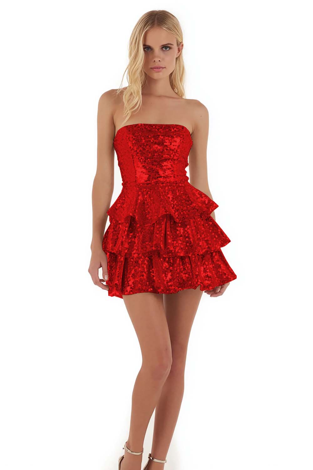 Sparkly Gold Strapless A-Line Sequin Tiered Short Cocktail Dress