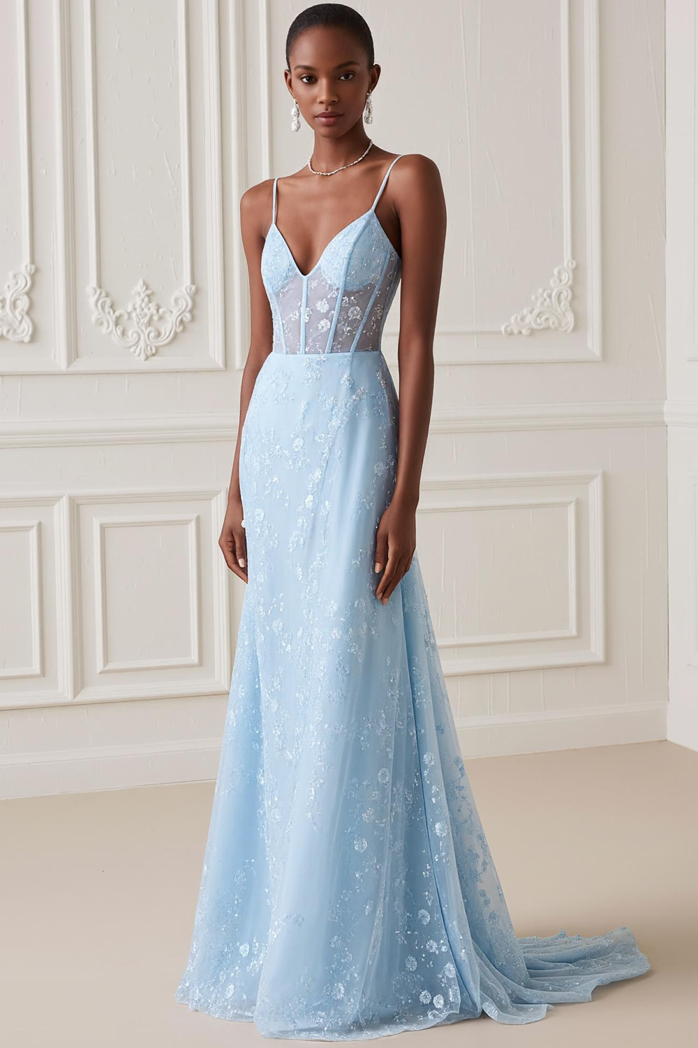 Floral Light Blue Mermaid Tulle Long Corset Prom Dress with Embroidery