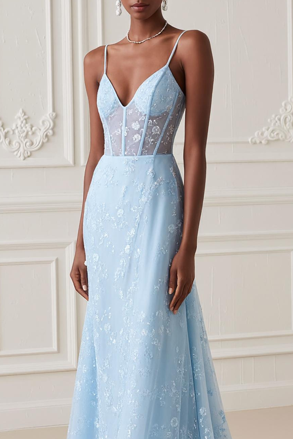 Floral Light Blue Mermaid Tulle Long Corset Prom Dress with Embroidery