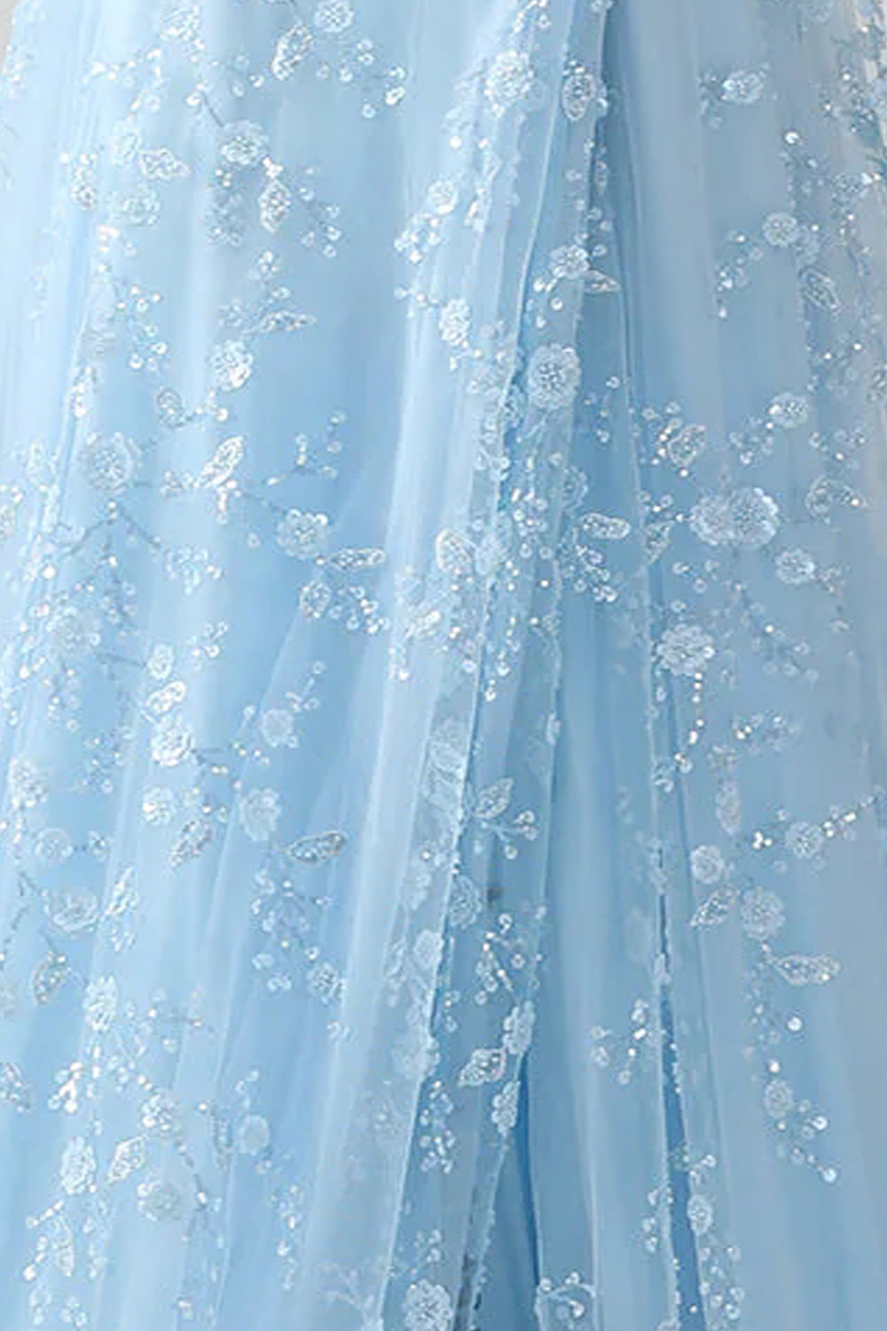 Floral Light Blue Mermaid Tulle Long Corset Prom Dress with Embroidery