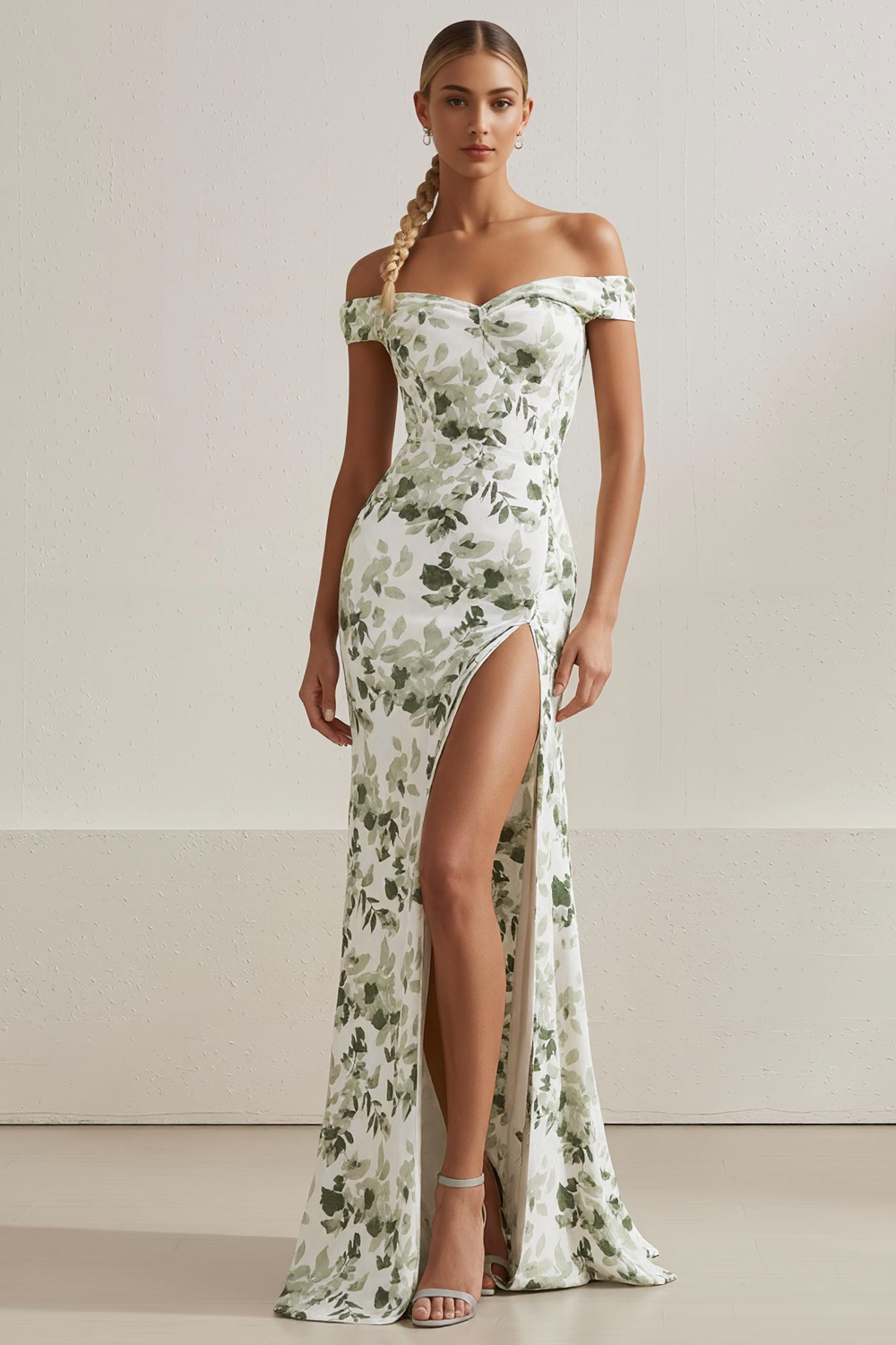 Floral White Mermaid Off the Shoulder Long Prom Dress with Slit