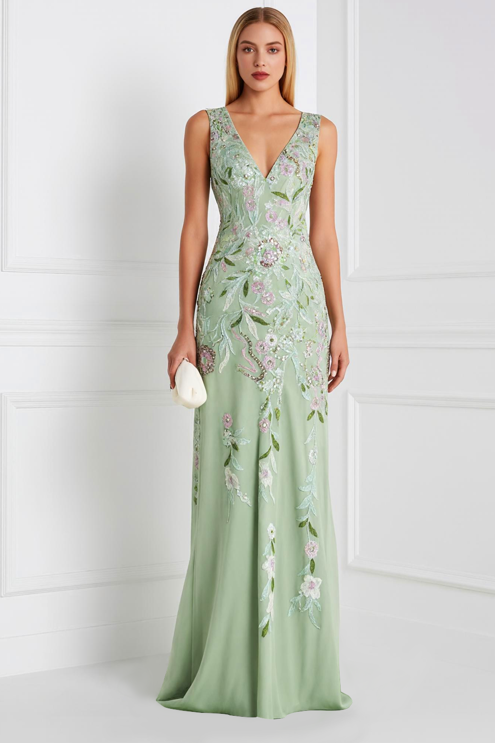 Floral Light Green V Neck Sheath Long Prom Dress with Appliques