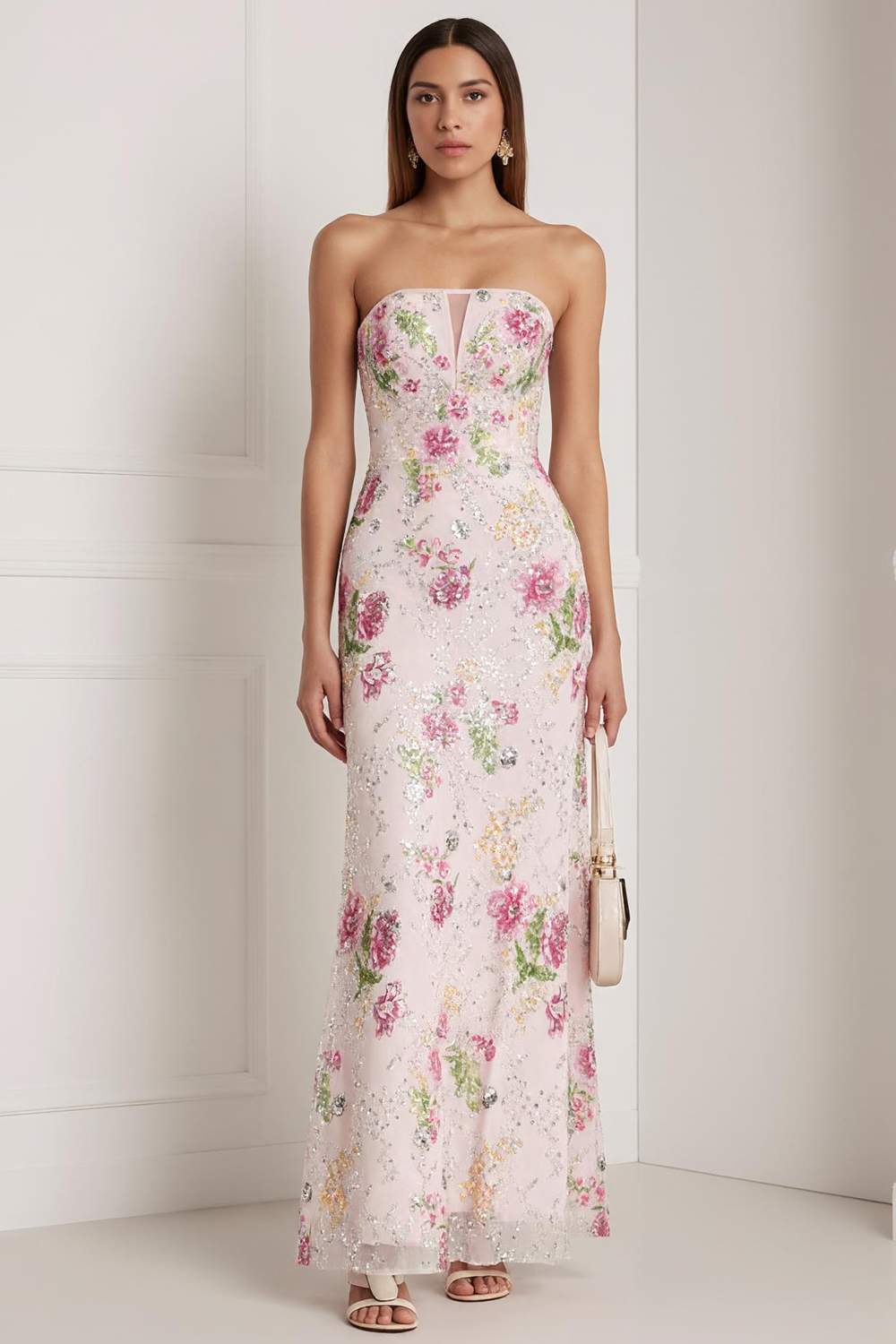 Floral Pink Sheath Beaded Strapless Long Prom Dress with Keyhole