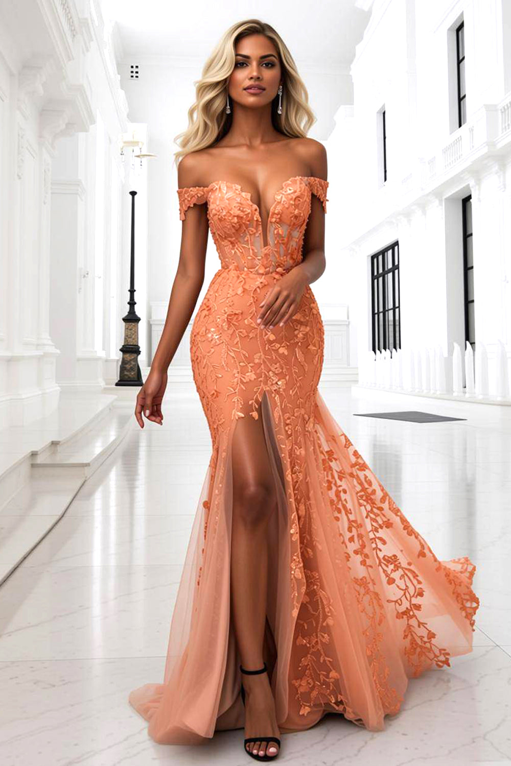 Floral Orange Mermaid Off the Shoulder Long Corset Prom Dress with Slit