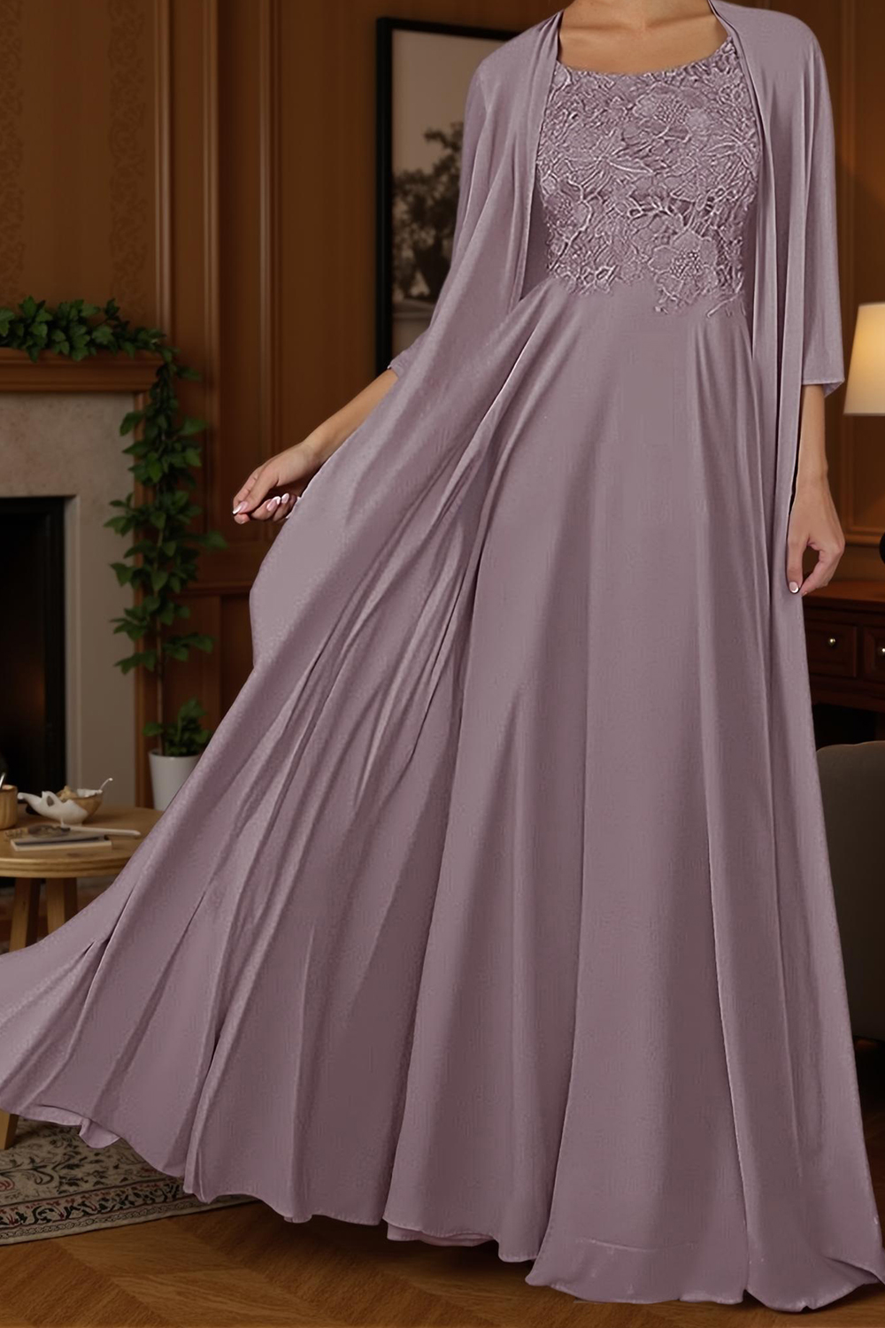 Dusty Blue Boat Neck Sheath Floor-Length Mother of the Bride Dress with Jacket