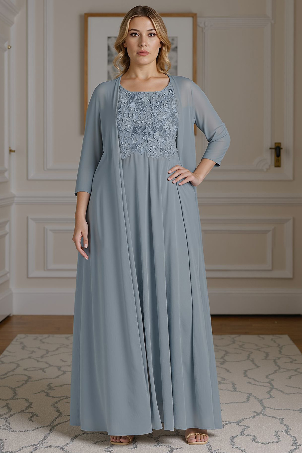 Floral Dusty Blue A Line 2 Piece Floor-Length Mother of the Bride Dress with Jacket