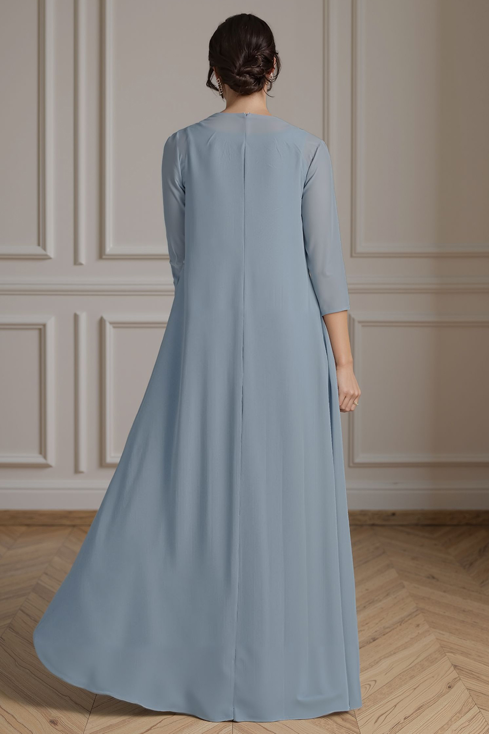 Floral Dusty Blue A Line 2 Piece Floor-Length Mother of the Bride Dress with Jacket