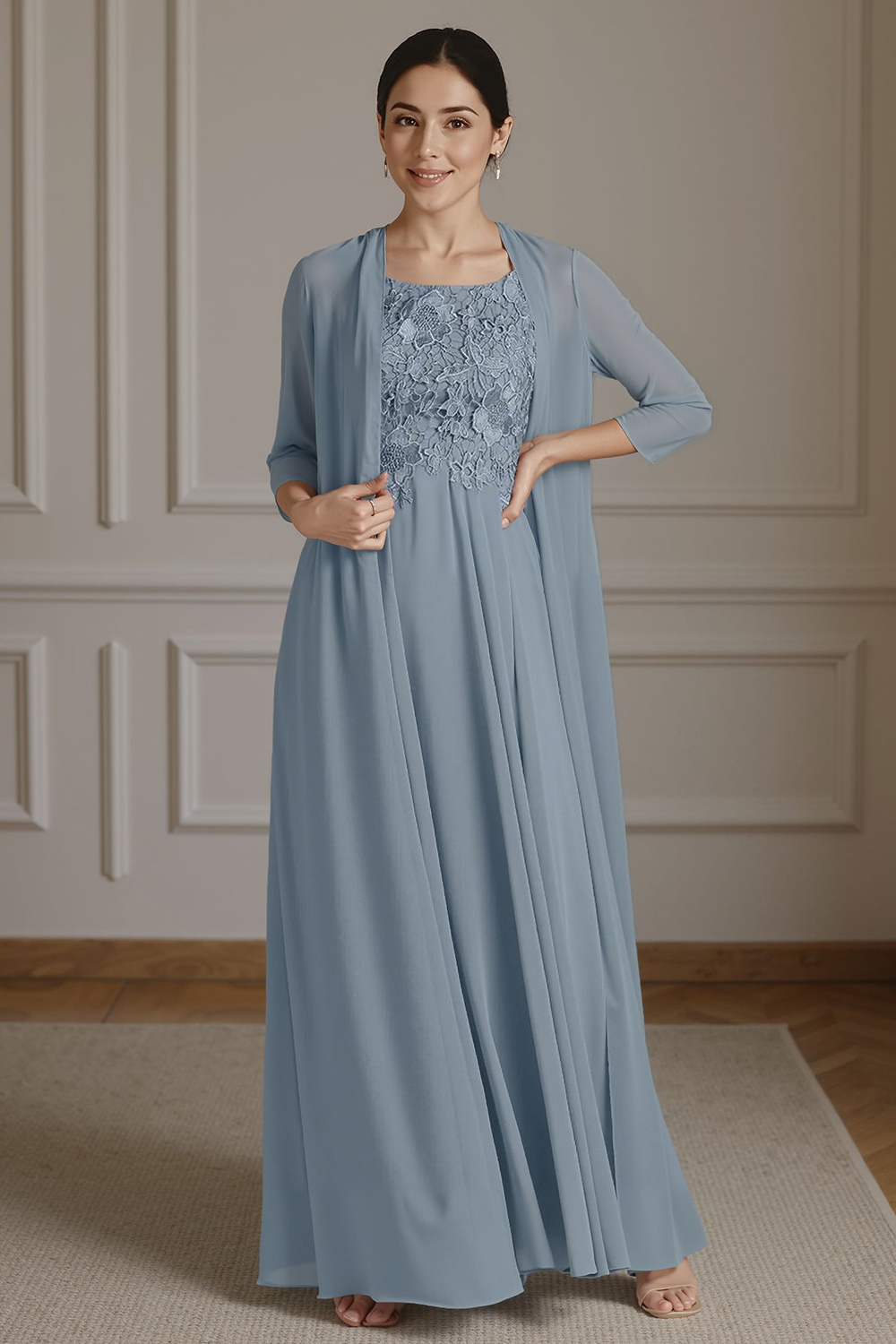 Floral Dusty Blue A Line 2 Piece Floor-Length Mother of the Bride Dress with Jacket