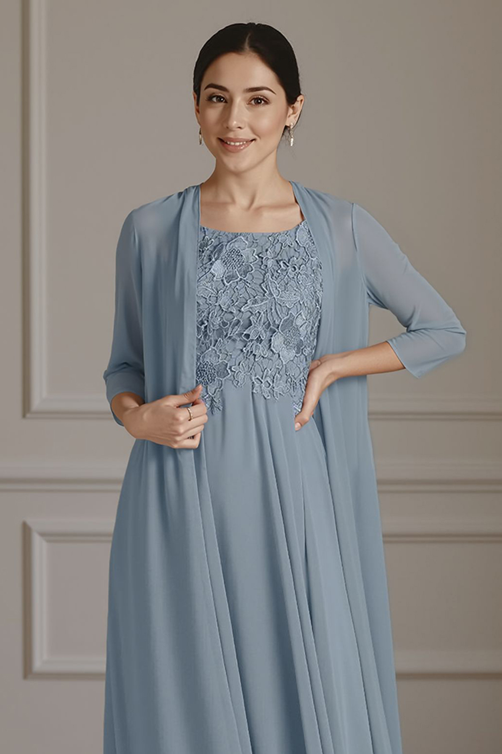 Floral Dusty Blue A Line 2 Piece Floor-Length Mother of the Bride Dress with Jacket