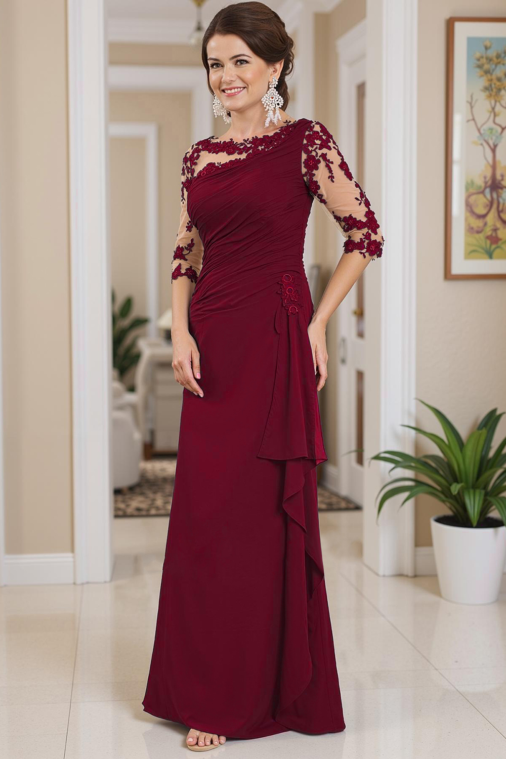Burgundy Boat Neck Sheath Floor-Length Mother of the Bride Dress with Lace