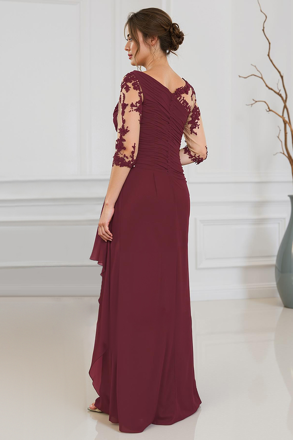 Burgundy Boat Neck Sheath Floor-Length Mother of the Bride Dress with Lace