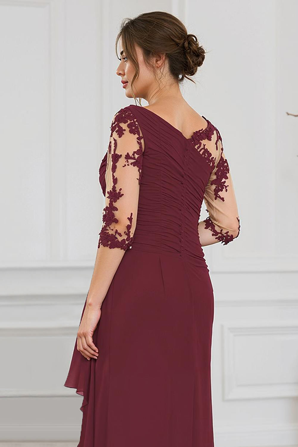 Burgundy Boat Neck Sheath Floor-Length Mother of the Bride Dress with Lace