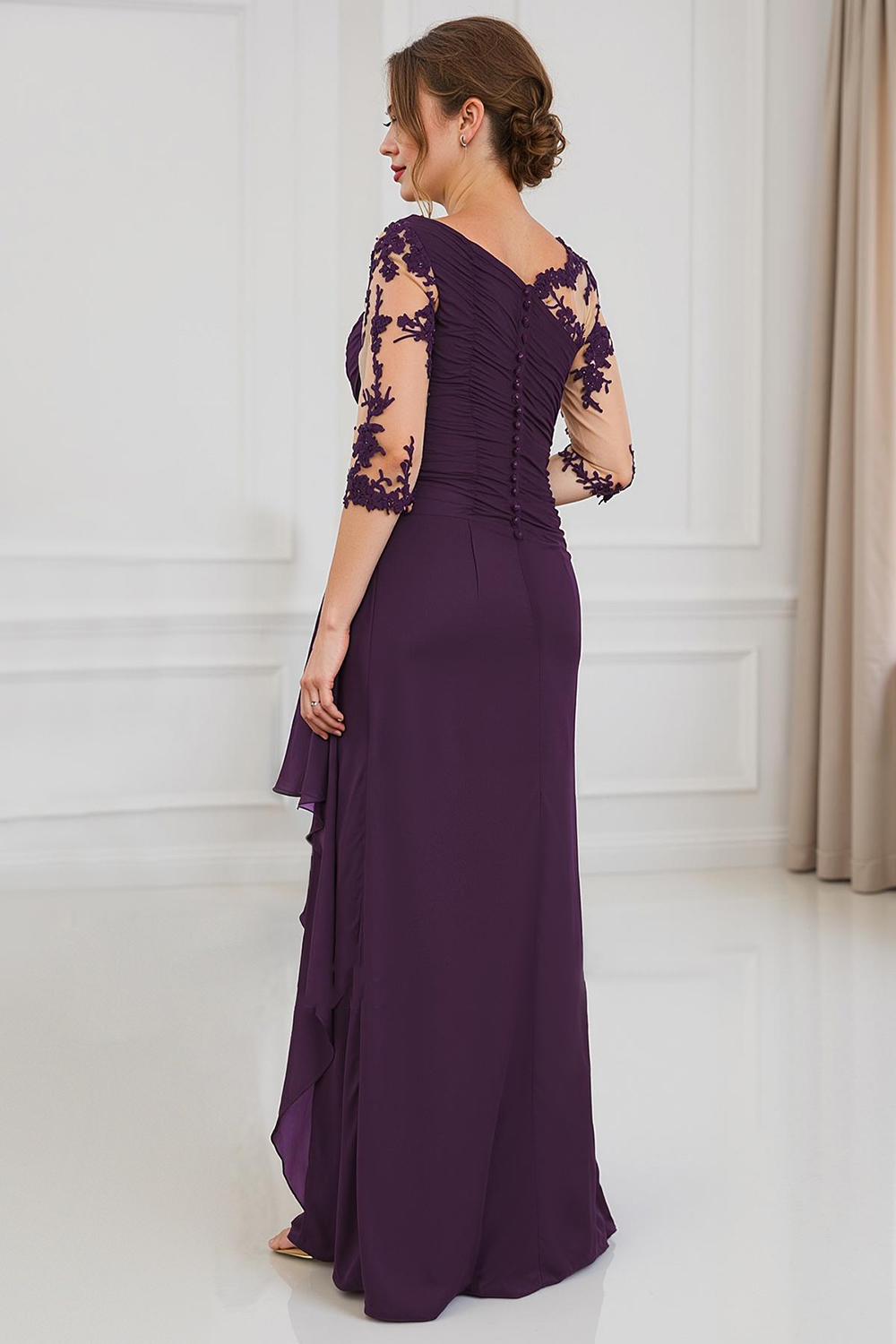 Burgundy Boat Neck Sheath Floor-Length Mother of the Bride Dress with Lace