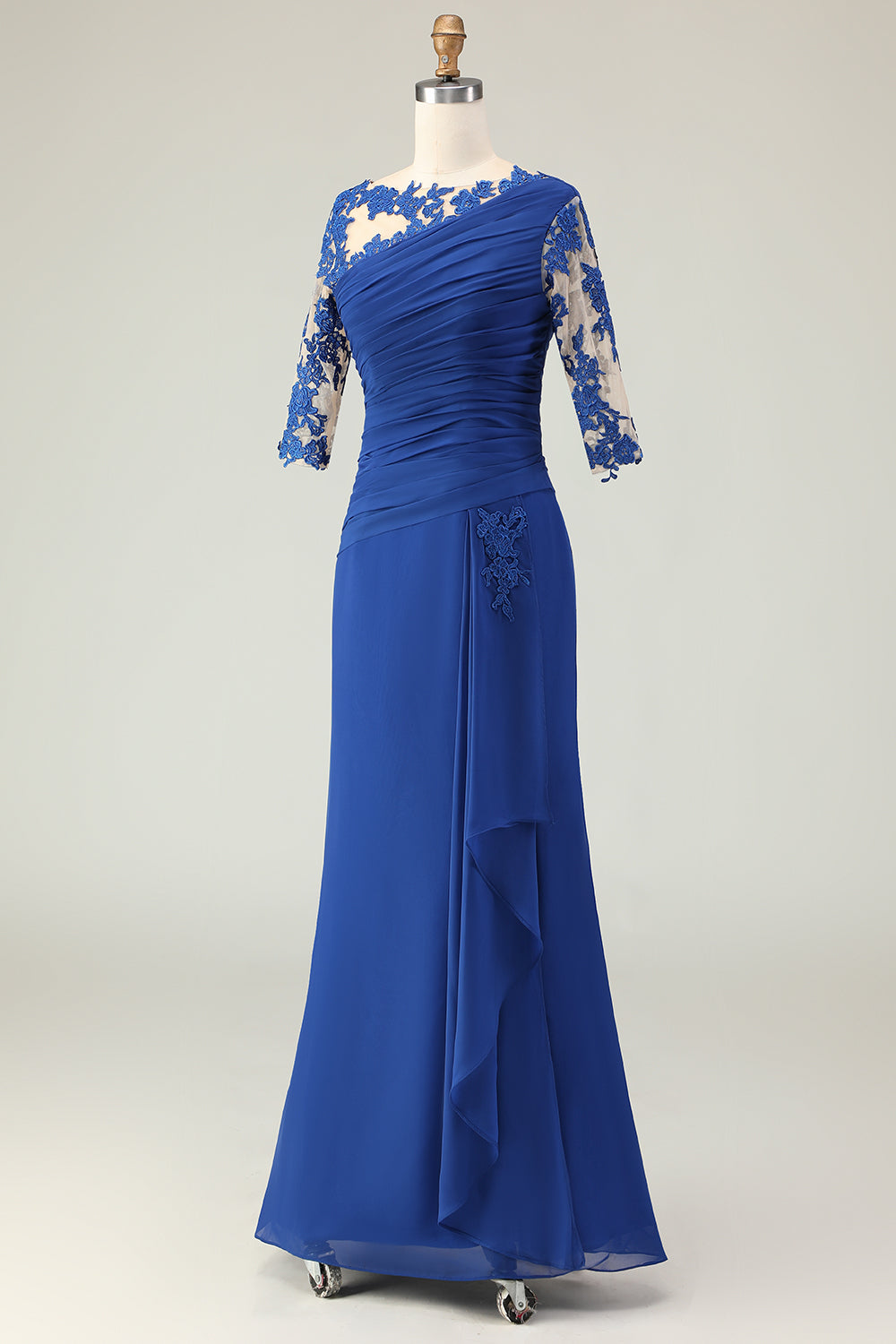 Royal Blue Mermaid Ruched Floor Length Mother of the Bride Dress with Sleeves