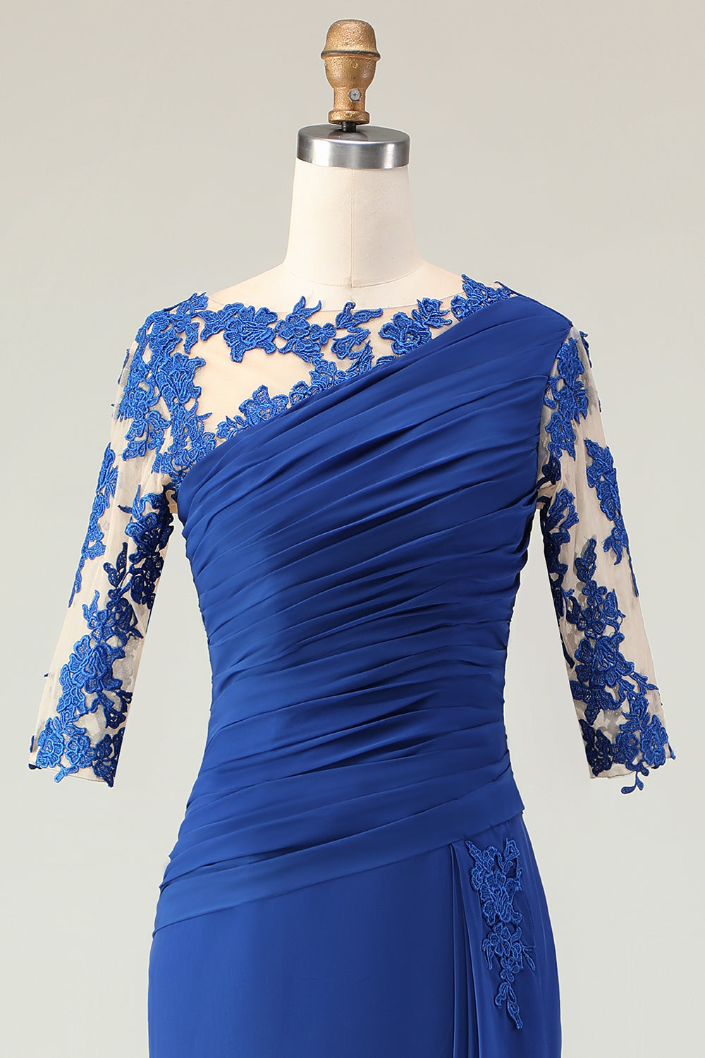 Royal Blue Mermaid Ruched Floor Length Mother of the Bride Dress with Sleeves