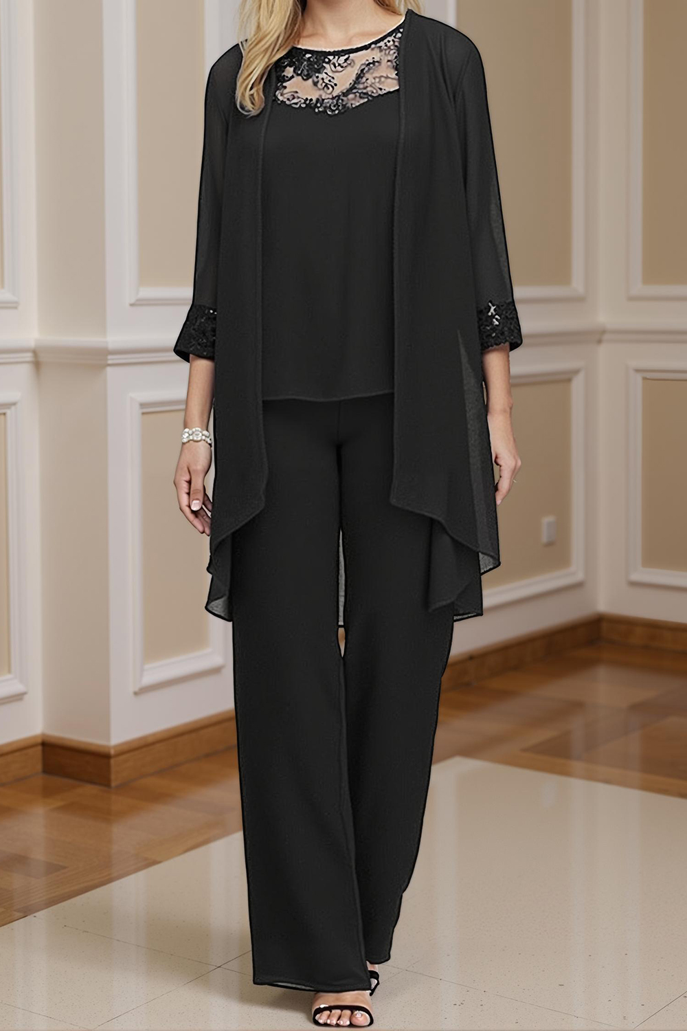 3 Piece Black Chiffon Boat Neck Mother of the Bride Pant Suits with Jacket