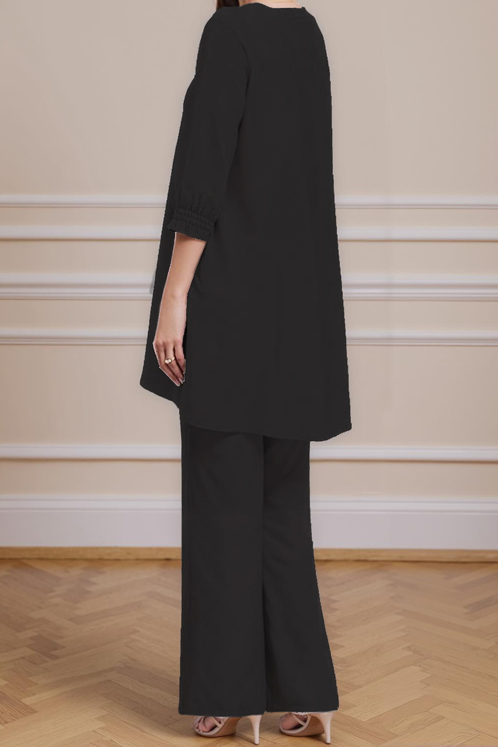 3 Piece Black Chiffon Boat Neck Mother of the Bride Pant Suits with Jacket