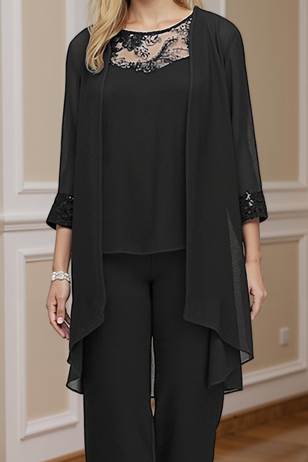 3 Piece Black Chiffon Boat Neck Mother of the Bride Pant Suits with Jacket