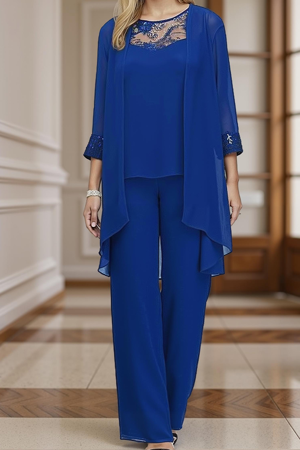 3 Piece Black Chiffon Boat Neck Mother of the Bride Pant Suits with Jacket