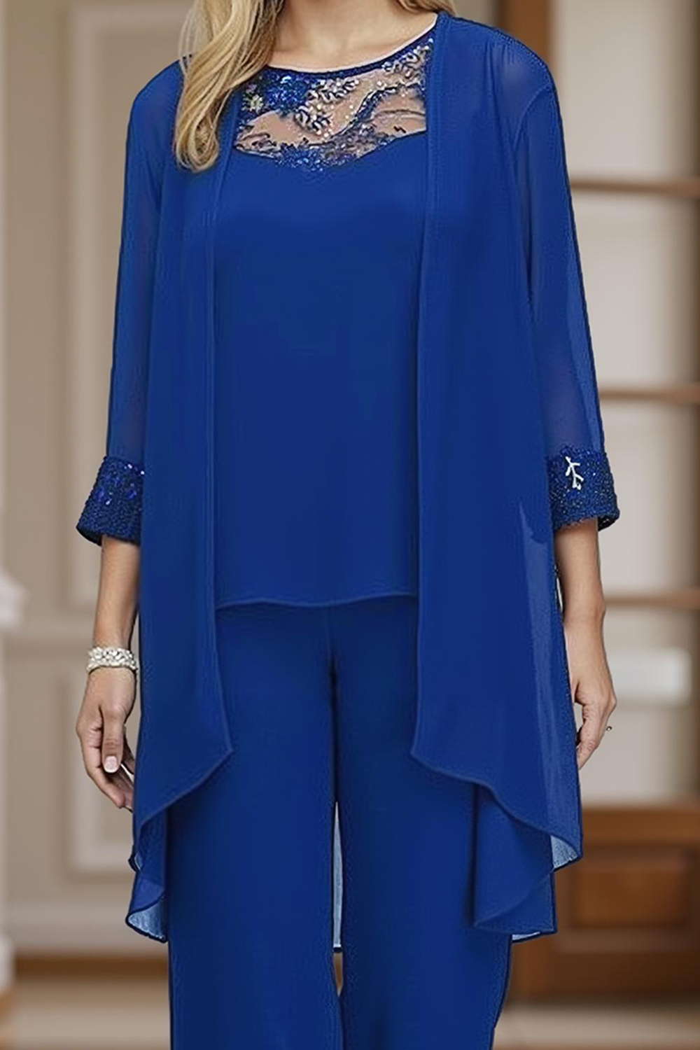 3 Piece Black Chiffon Boat Neck Mother of the Bride Pant Suits with Jacket