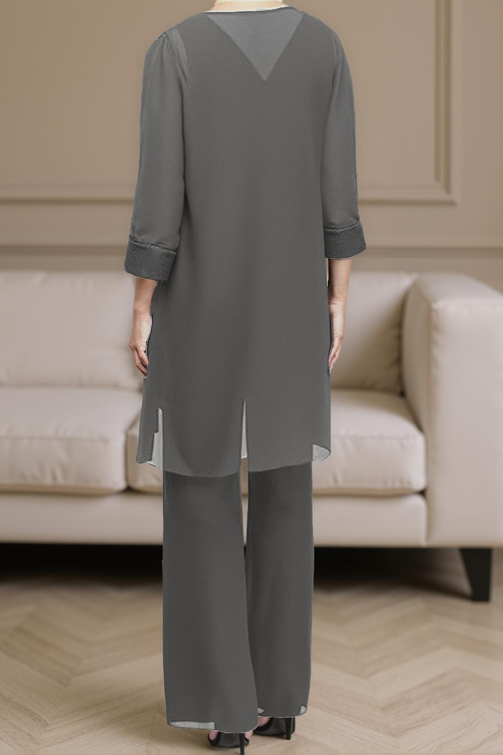 Steel Grey Boat Neck 3-Piece Mother of the Bride Pantsuit with Lace