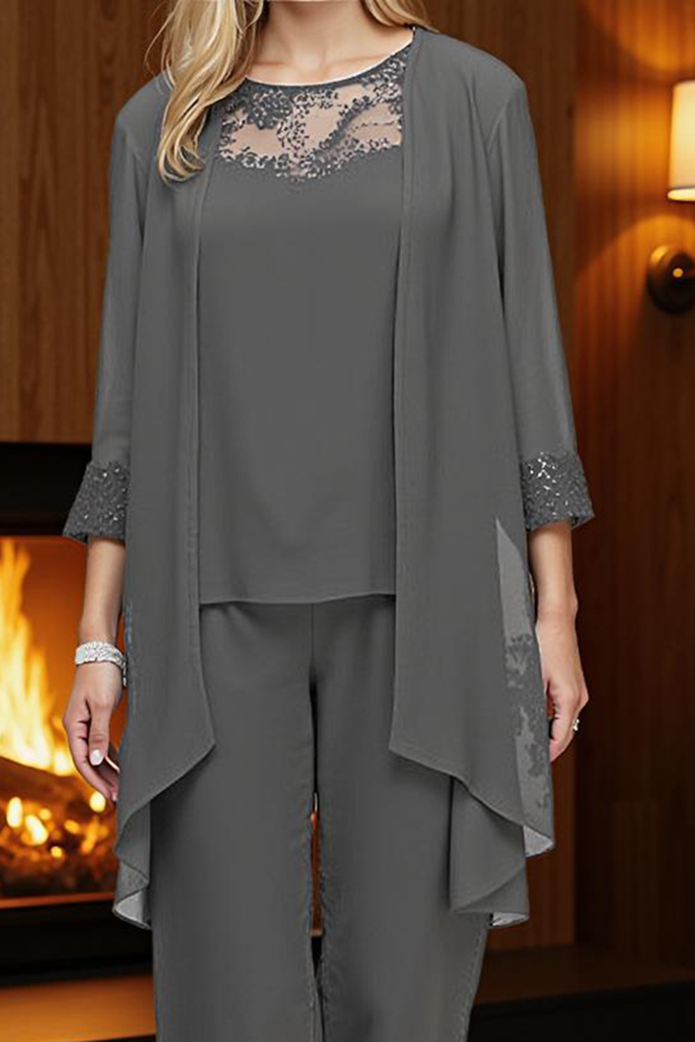 Steel Grey Boat Neck 3-Piece Mother of the Bride Pantsuit with Lace