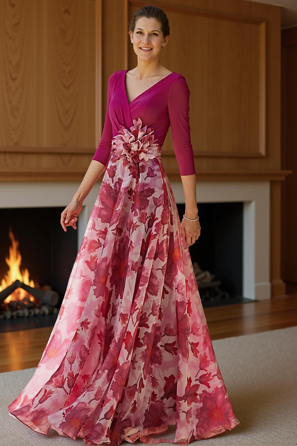 Fuchsia V-Neck A Line Floral Floor-Length Mother of the Bride Dress