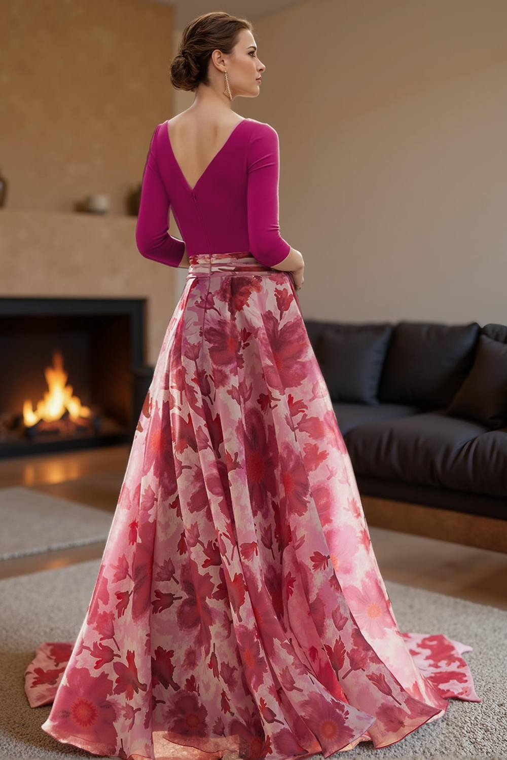 Fuchsia V-Neck A Line Floral Floor-Length Mother of the Bride Dress