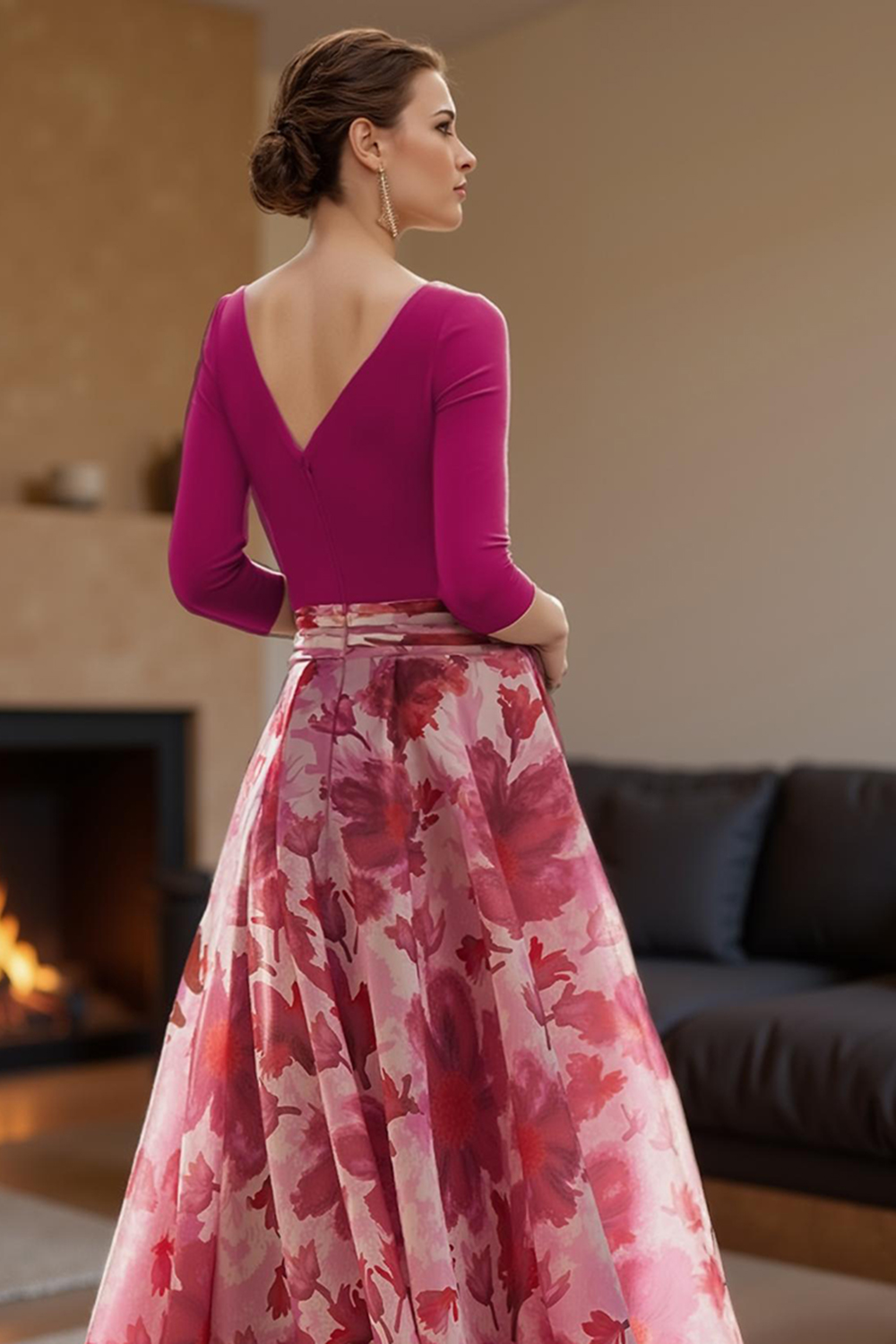 Fuchsia V-Neck A Line Floral Floor-Length Mother of the Bride Dress