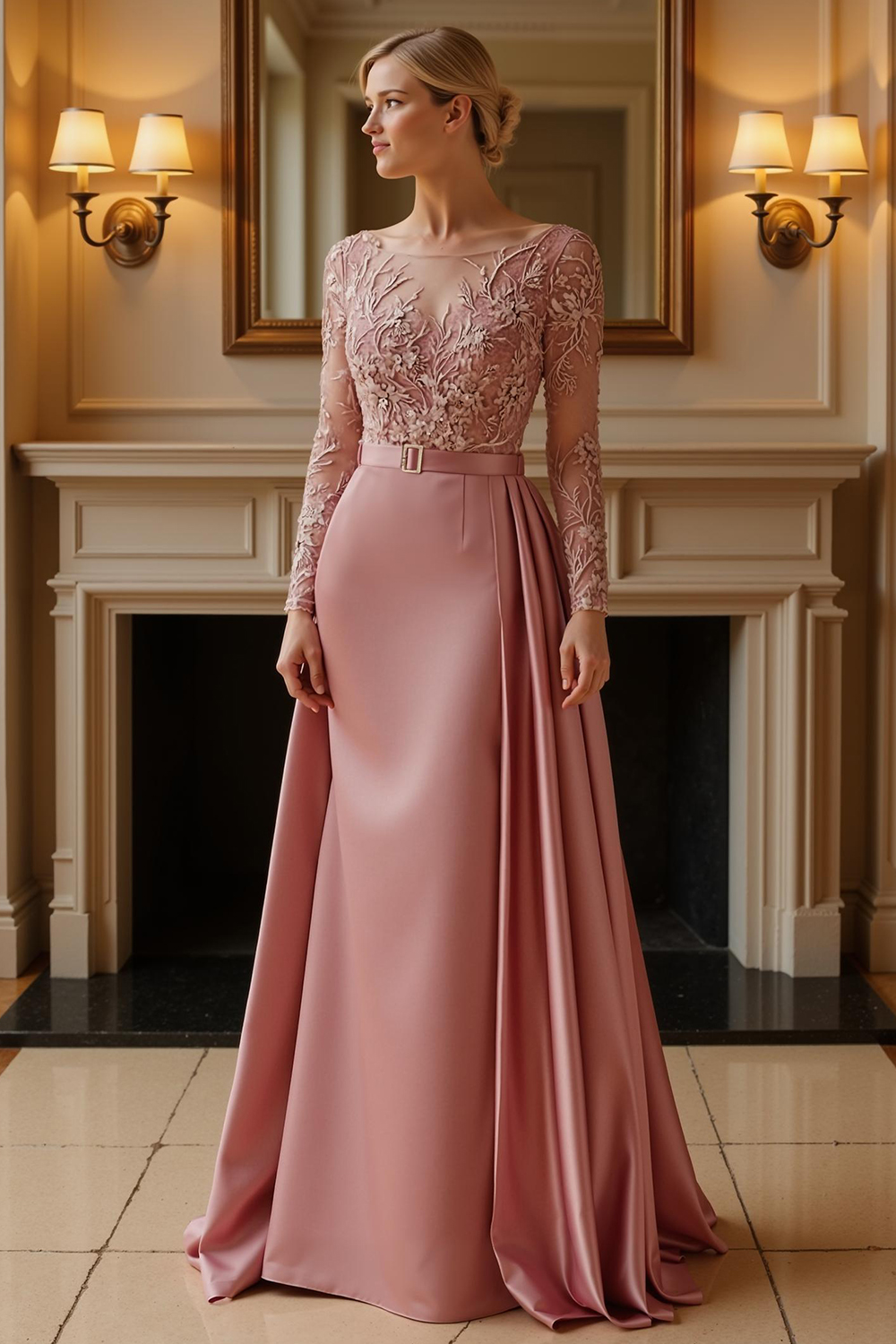Dusty Rose Sheath Satin Floor-Length Mother of the Bride Dress with Cape