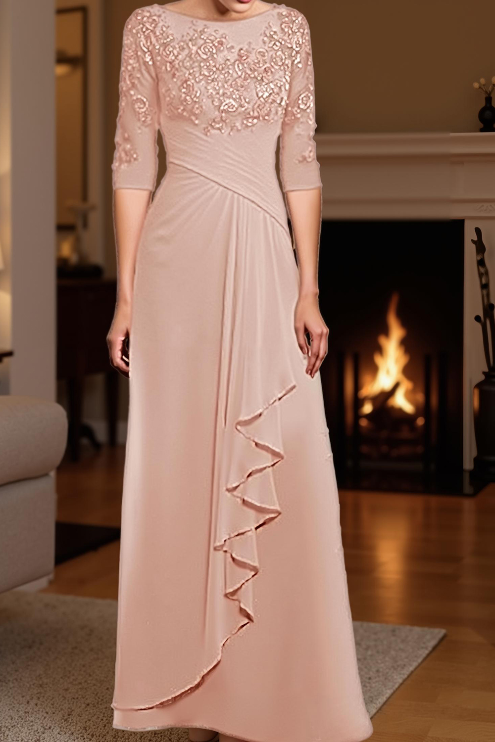 Eucalyptus Sheath Ruffled Floor-Length Mother of the Bride Dress with Lace