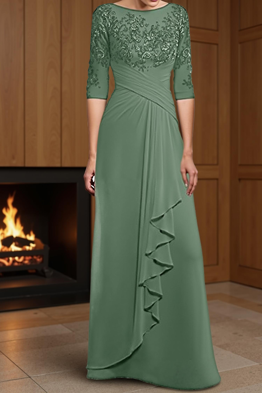 Eucalyptus Sheath Ruffled Floor-Length Mother of the Bride Dress with Lace