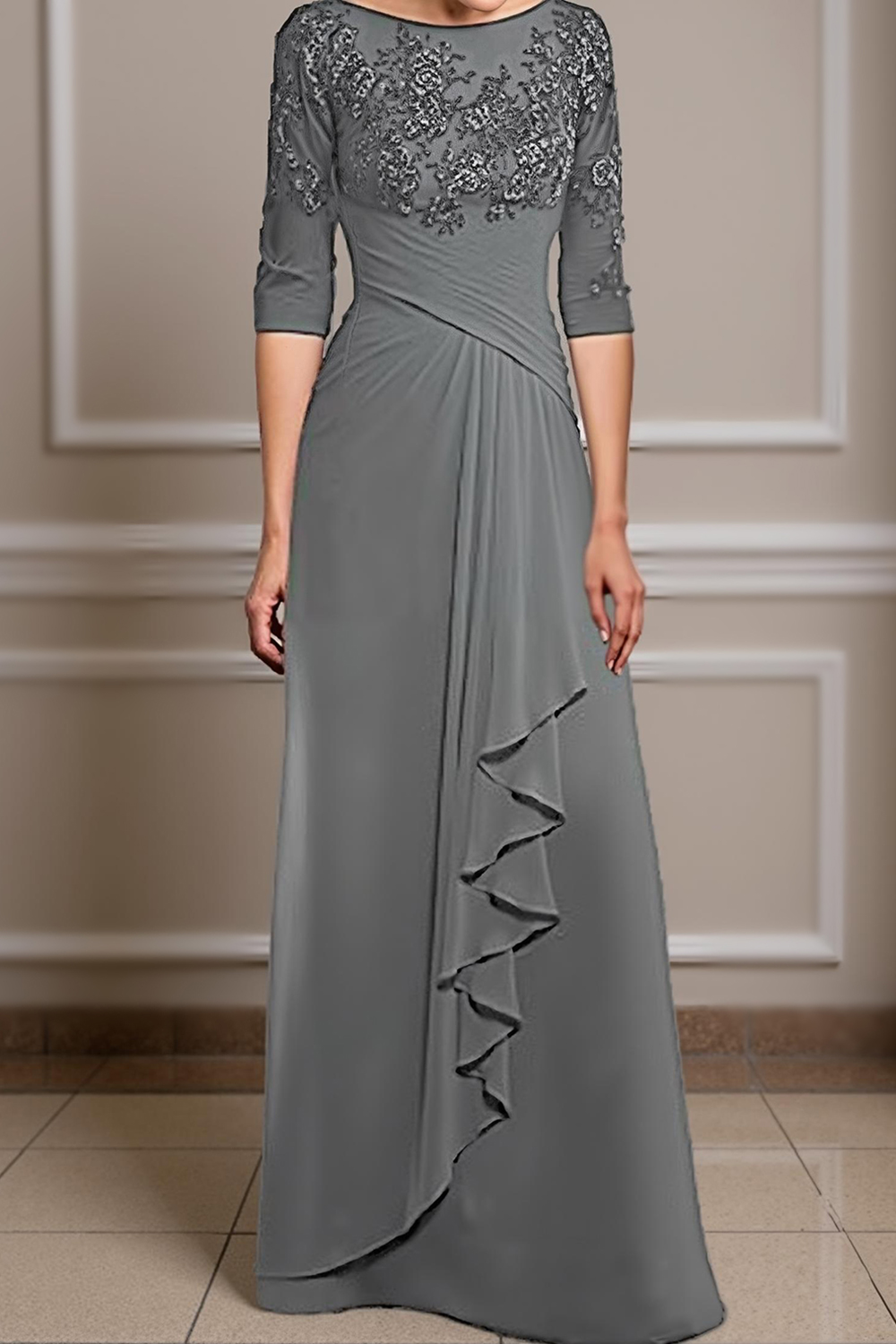 Eucalyptus Sheath Ruffled Floor-Length Mother of the Bride Dress with Lace